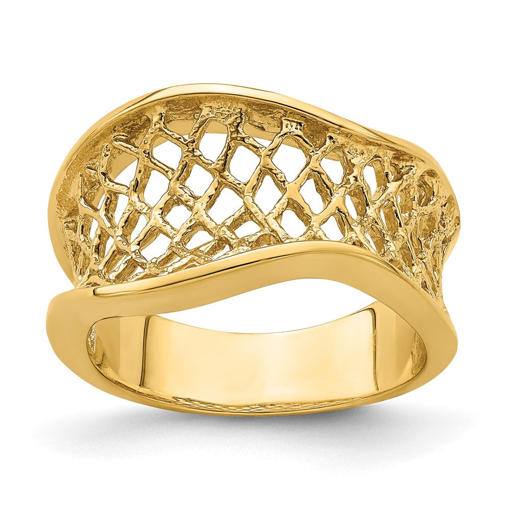 14K Gelbgold Ring mit gewellter, polierter, sich verjüngender Gitterstruktur