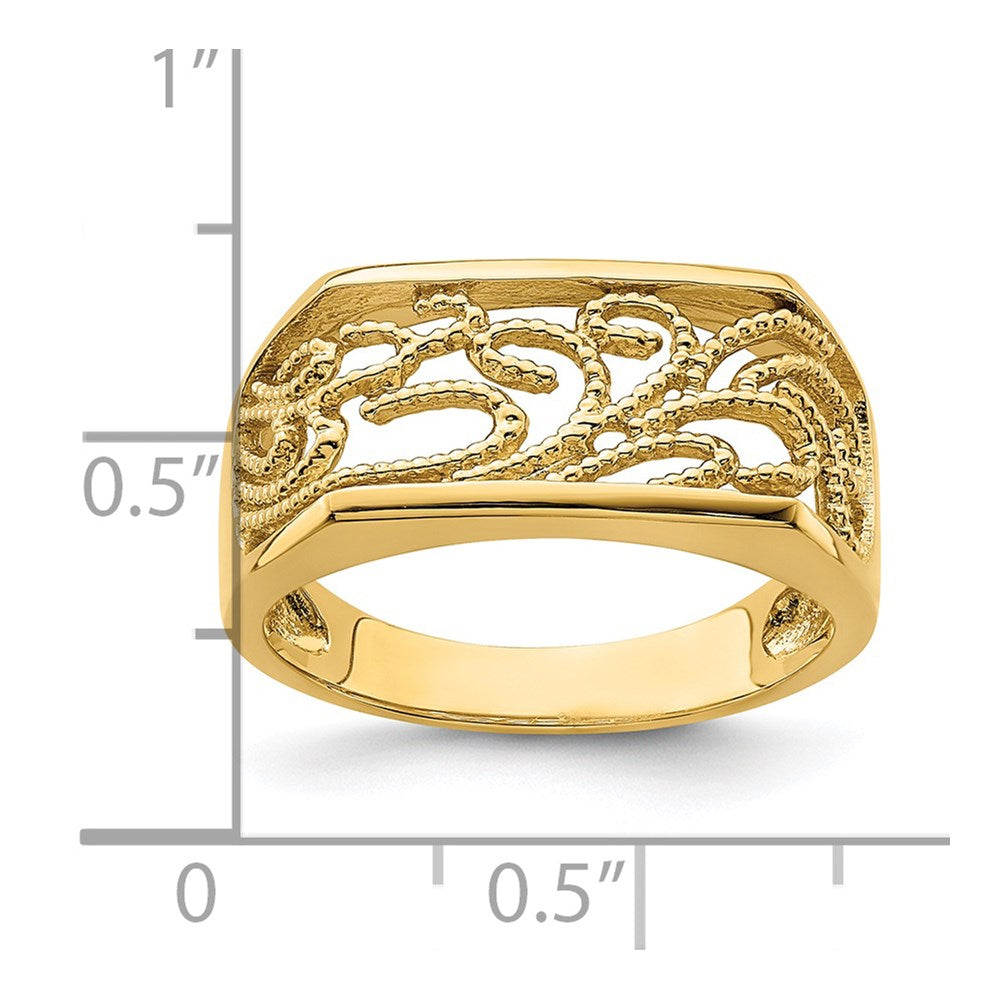 14K Gelbgold Ring mit Perlrand, Scroll-Motiv und rechteckiger Wölbung