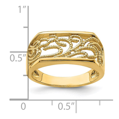 14K Gelbgold Ring mit Perlrand, Scroll-Motiv und rechteckiger Wölbung
