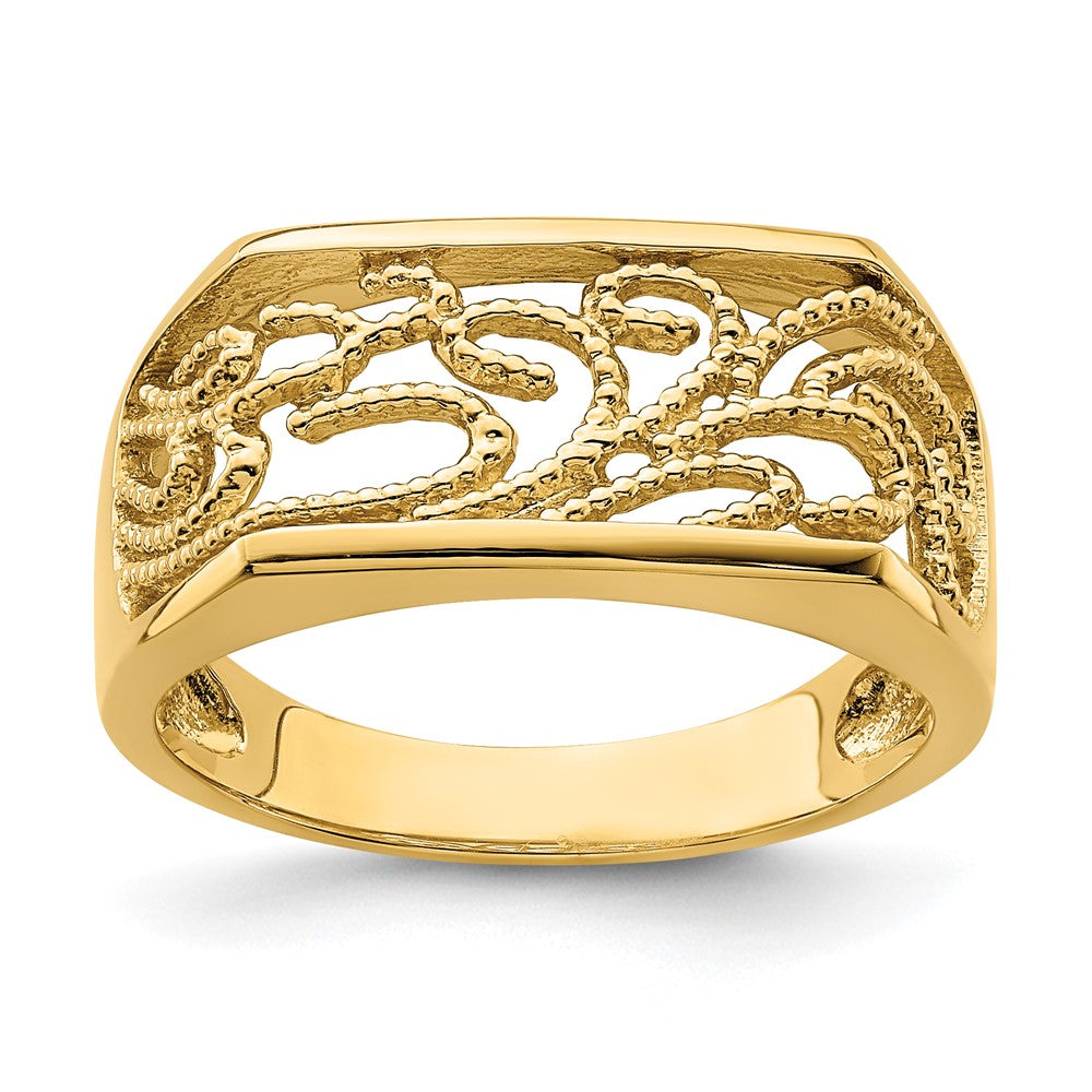 14K Gelbgold Ring mit Perlrand, Scroll-Motiv und rechteckiger Wölbung