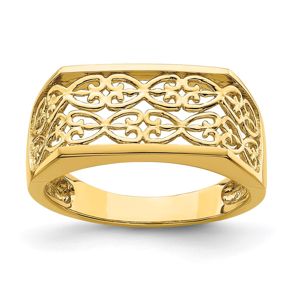 14K Gelbgold Ring mit ausgeschnittenem Muster, rechteckig gewölbt