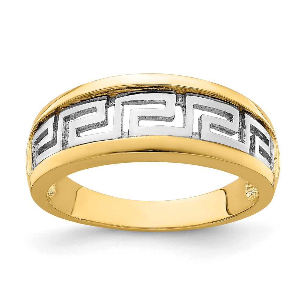 14K Gelbgold Ring mit Rhodium-Beschichtung und ausgeschnittenem Griechische-Mäander-Muster