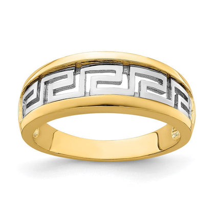 14K Gelbgold Ring mit Rhodium-Beschichtung und ausgeschnittenem Griechische-Mäander-Muster