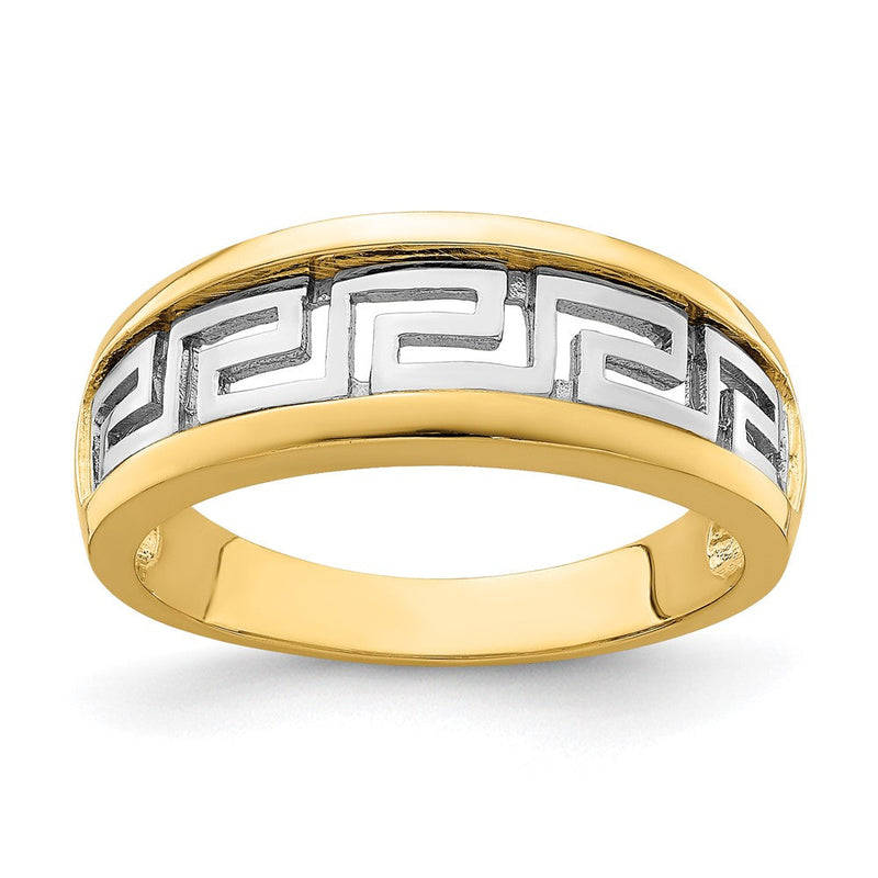 14K Gelbgold Ring mit Rhodium-Beschichtung und ausgeschnittenem Griechische-Mäander-Muster