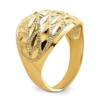 14K Gelbgold Ring mit Blattdesign und Diamantschliff, Bombé-Form, echte Diamanten