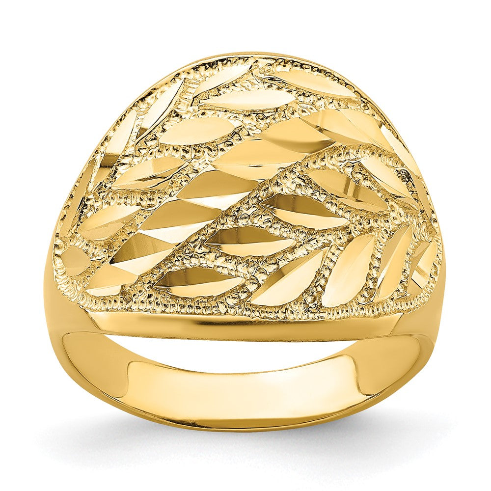 14K Gelbgold Ring mit Blattdesign und Diamantschliff, Bombé-Form, echte Diamanten