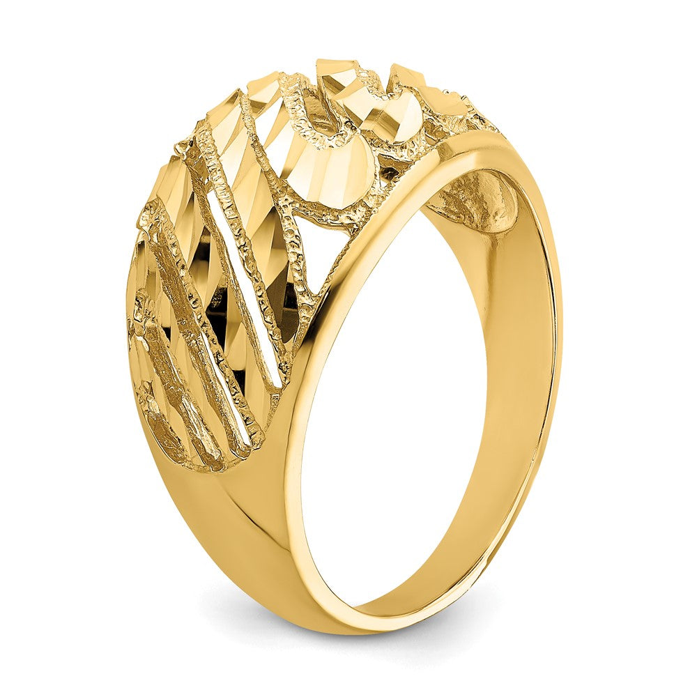 14K Gelbgold Ring mit Ausschnitt, diamantiertem Streifendesign und Domdesign