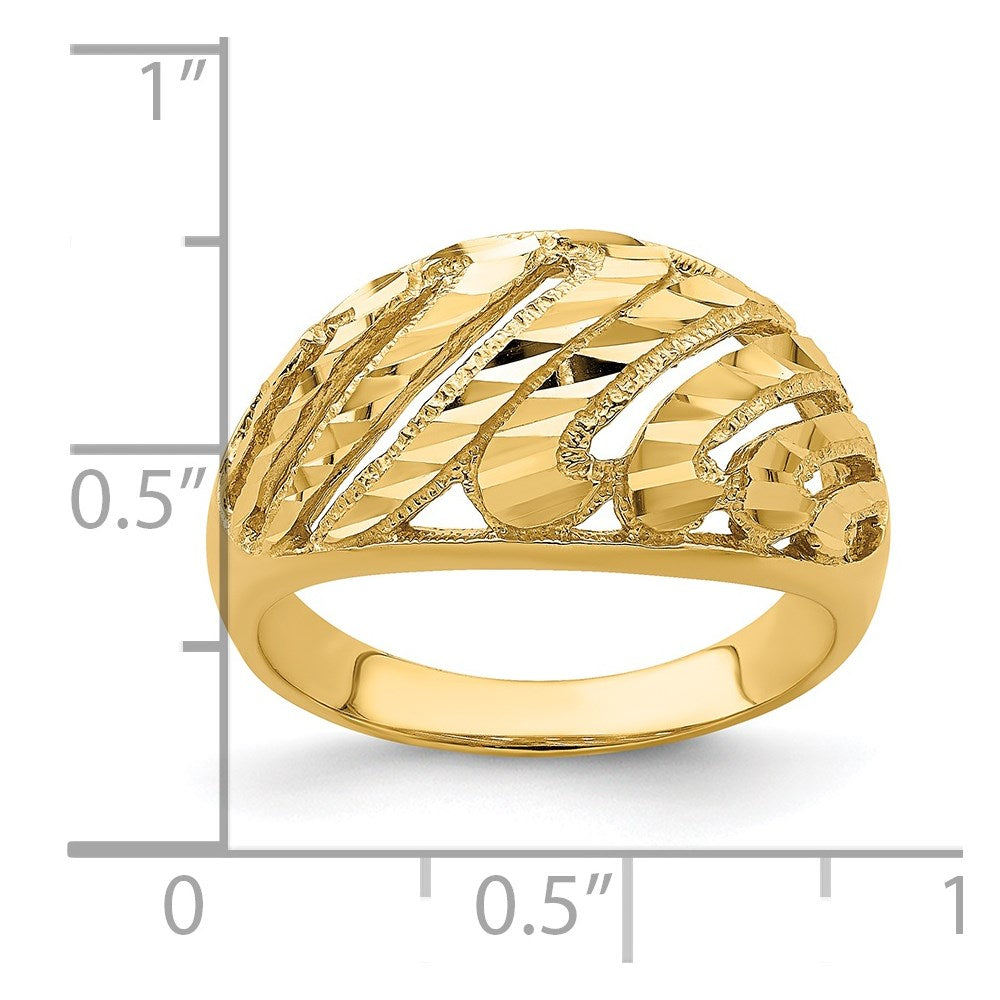 14K Gelbgold Ring mit Ausschnitt, diamantiertem Streifendesign und Domdesign