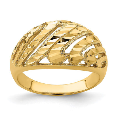 14K Gelbgold Ring mit Ausschnitt, diamantiertem Streifendesign und Domdesign
