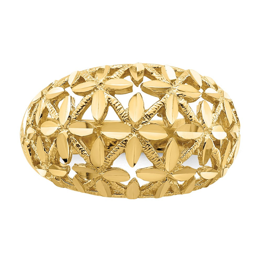 14K Gelbgold Bombierter Ring mit durchbrochenem Kreuzdesign und Diamantschliff