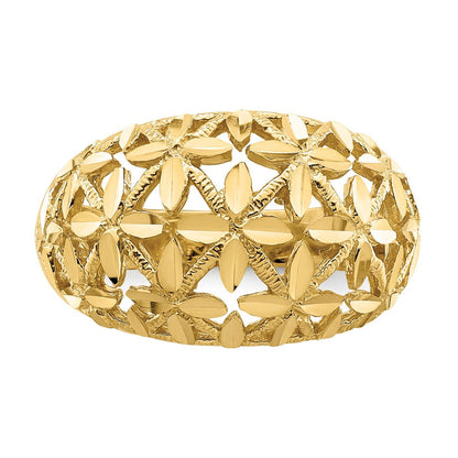 14K Gelbgold Bombierter Ring mit durchbrochenem Kreuzdesign und Diamantschliff