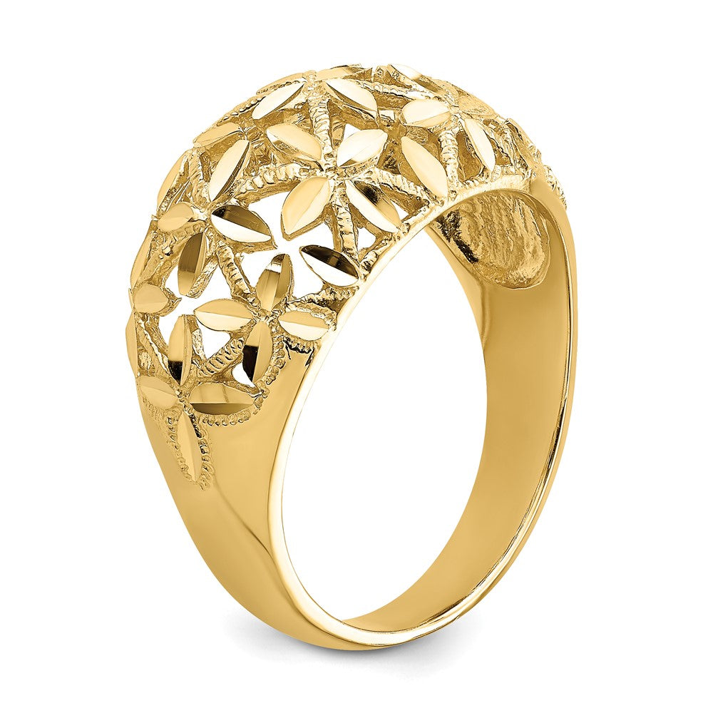 14K Gelbgold Bombierter Ring mit durchbrochenem Kreuzdesign und Diamantschliff
