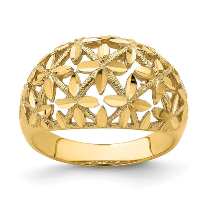 14K Gelbgold Bombierter Ring mit durchbrochenem Kreuzdesign und Diamantschliff
