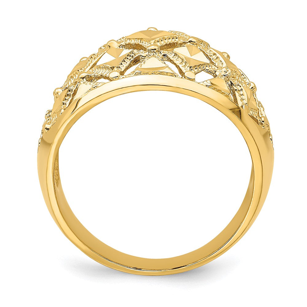14K Gelbgold Ring mit diamantiertem Muster und echtem Diamant, Kuppelform