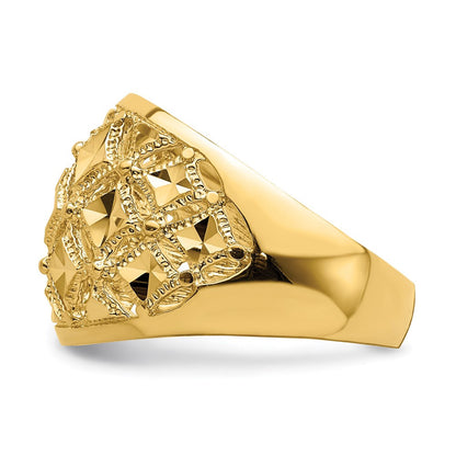14K Gelbgold Ring mit diamantiertem Muster und echtem Diamant, Kuppelform