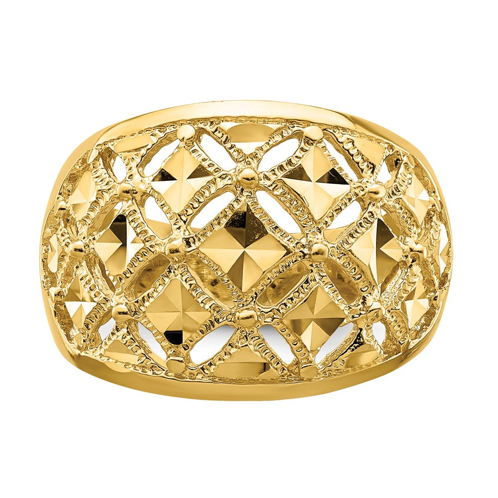 14K Gelbgold Ring mit diamantiertem Muster und echtem Diamant, Kuppelform