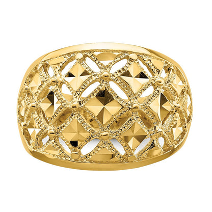 14K Gelbgold Ring mit diamantiertem Muster und echtem Diamant, Kuppelform