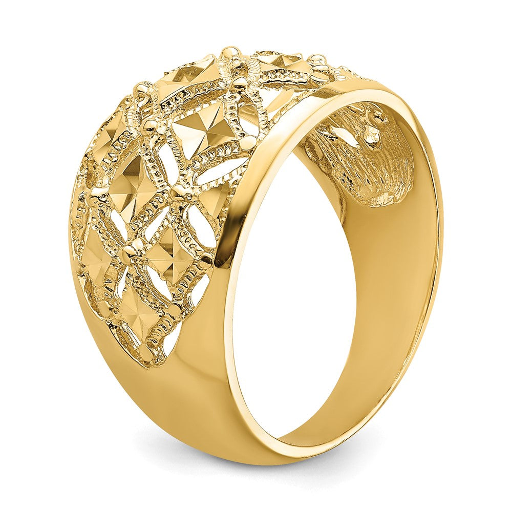 14K Gelbgold Ring mit diamantiertem Muster und echtem Diamant, Kuppelform