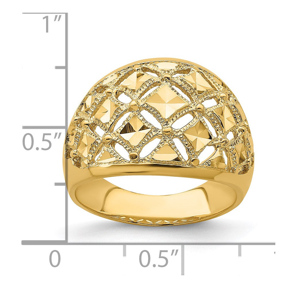 14K Gelbgold Ring mit diamantiertem Muster und echtem Diamant, Kuppelform