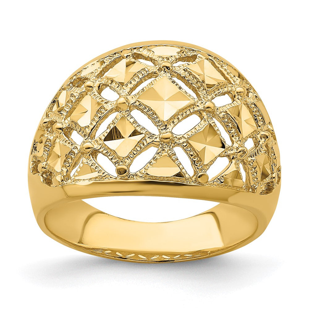 14K Gelbgold Ring mit diamantiertem Muster und echtem Diamant, Kuppelform