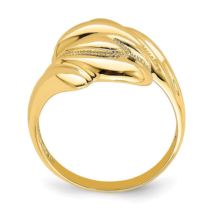 14K Gelbgold Ring mit poliertem Perlrand-Wirbel-Überkreuz-Design