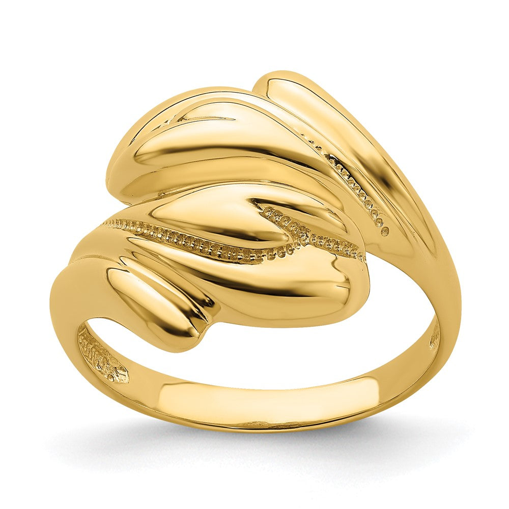14K Gelbgold Ring mit poliertem Perlrand-Wirbel-Überkreuz-Design
