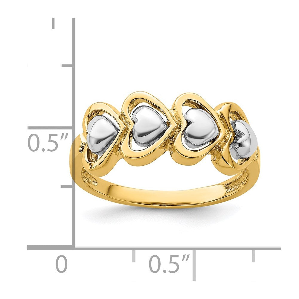 14K Bicolor Gold Ring mit 4 Herzen in Reihe