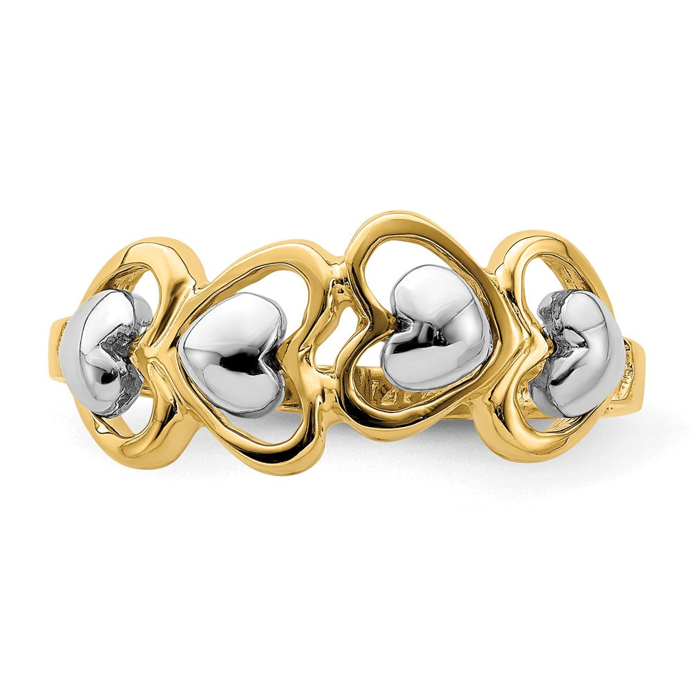 14K Bicolor-Gold Ring mit 4-reihiger Herz-Reihe