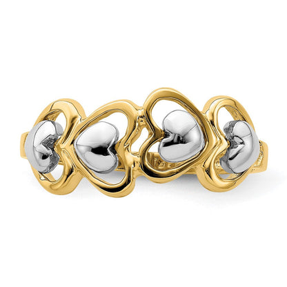 14K Bicolor-Gold Ring mit 4-reihiger Herz-Reihe