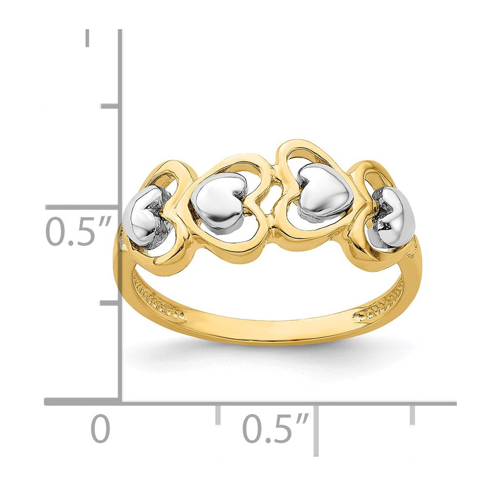 14K Bicolor-Gold Ring mit 4-reihiger Herz-Reihe