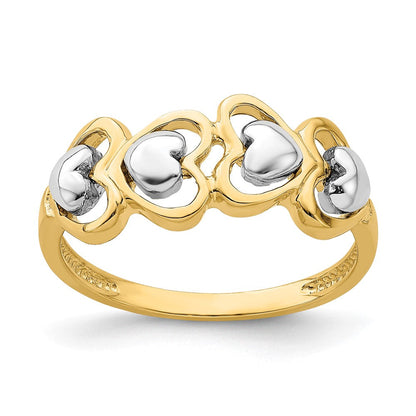 14K Bicolor-Gold Ring mit 4-reihiger Herz-Reihe