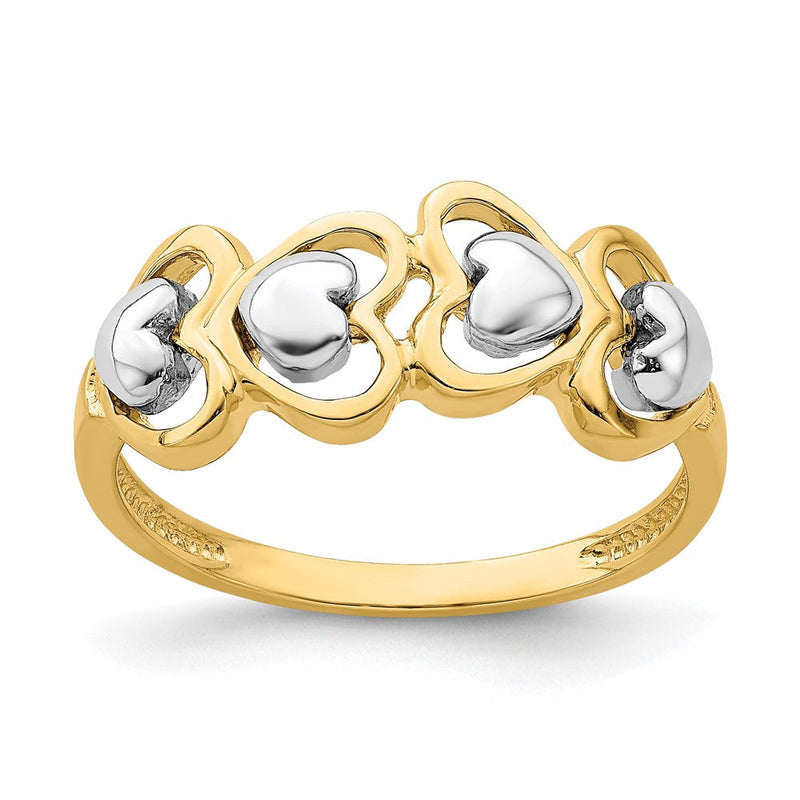 14K Bicolor-Gold Ring mit 4-reihiger Herz-Reihe
