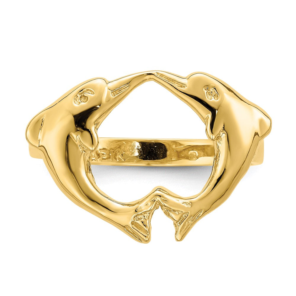 14K Gelbgold Ring mit polierten Delfinen und Herz
