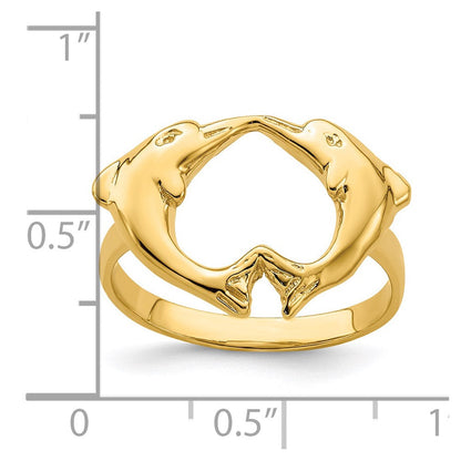 14K Gelbgold Ring mit polierten Delfinen und Herz