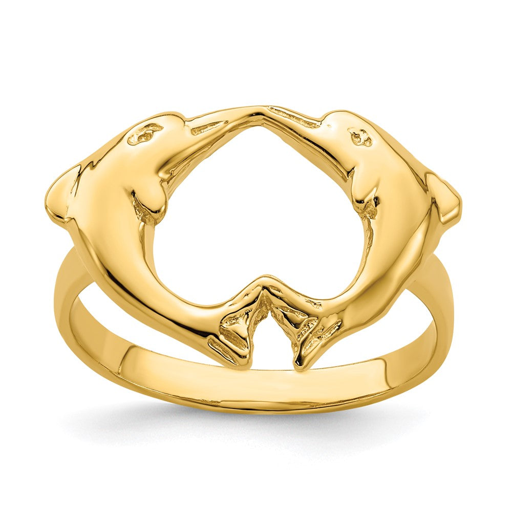 14K Gelbgold Ring mit polierten Delfinen und Herz