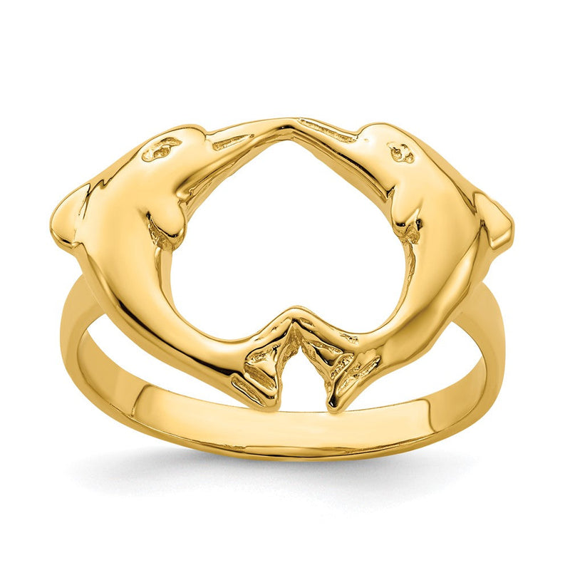 14K Gelbgold Ring mit polierten Delfinen und Herz