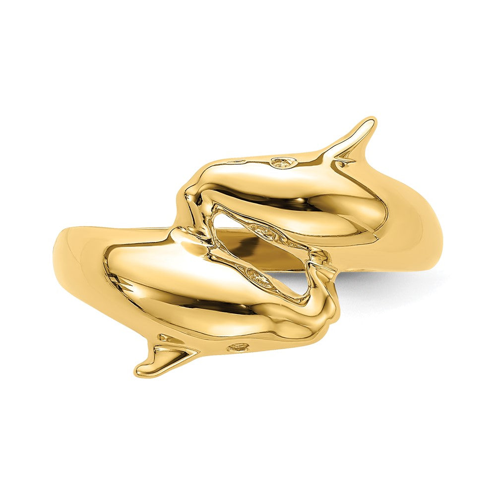 14K Gelbgold Ring mit poliertem Doppel-Delfin-Motiv