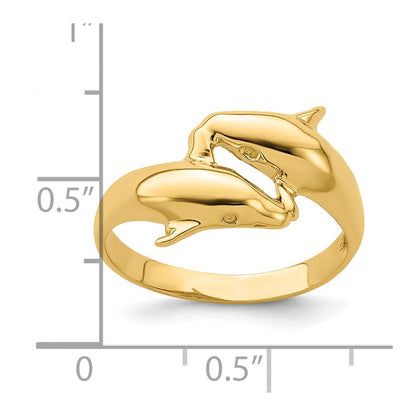 14K Gelbgold Ring mit poliertem Doppel-Delfin-Motiv
