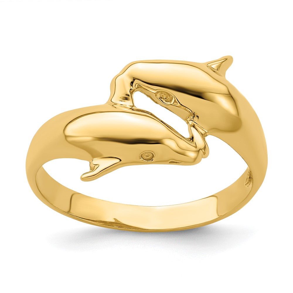 14K Gelbgold Ring mit poliertem Doppel-Delfin-Motiv