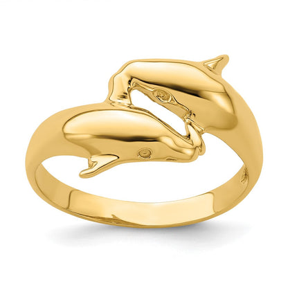 14K Gelbgold Ring mit poliertem Doppel-Delfin-Motiv