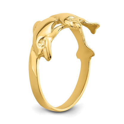 14K Gelbgold Poliert Doppel-Delfin-Ring