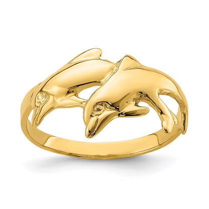 14K Gelbgold Poliert Doppel-Delfin-Ring