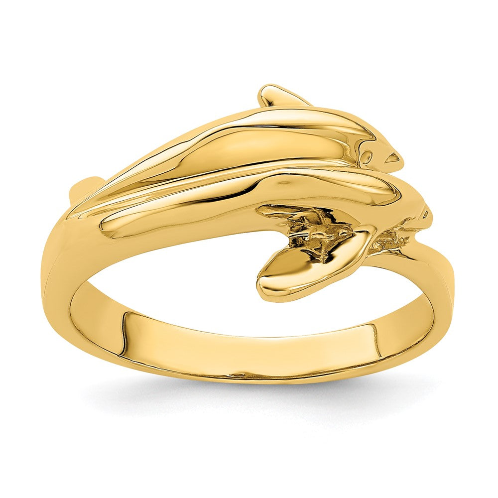 14K Gelbgold Ring mit poliertem Doppel-Delfin-Motiv