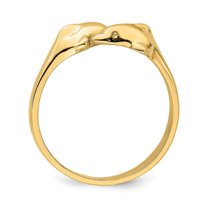 14K Gelbgold Poliert Zwei-Delfine Verstellbarer Ring