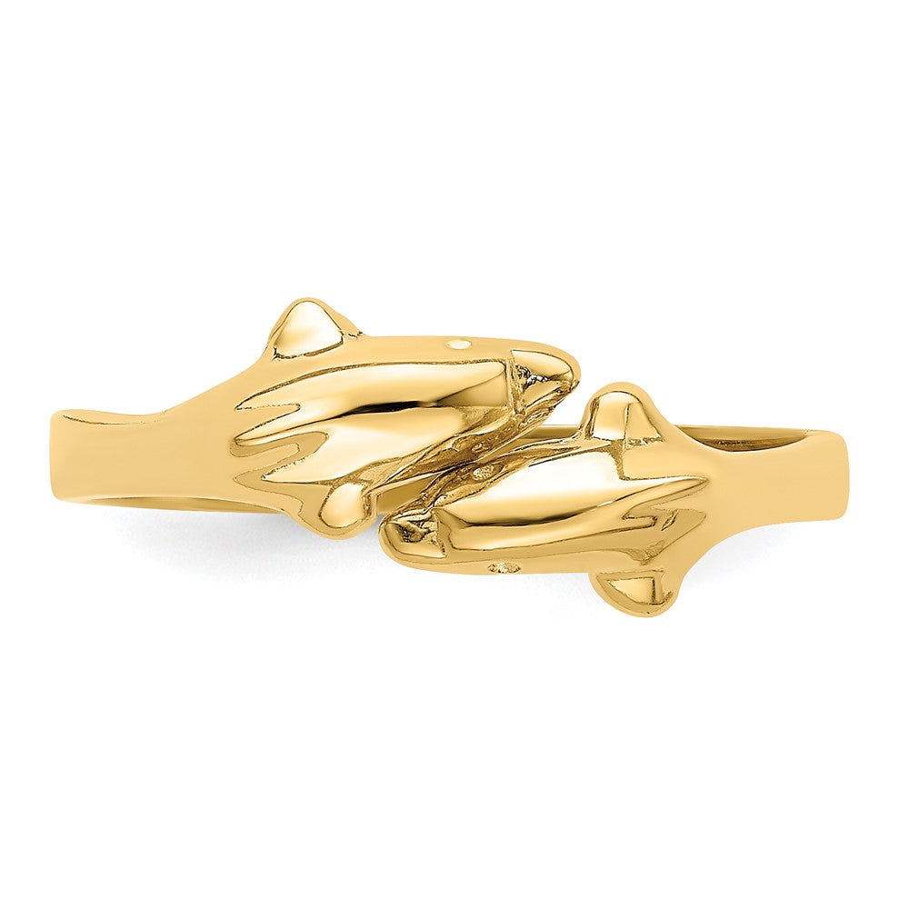14K Gelbgold Poliert Zwei-Delfine Verstellbarer Ring