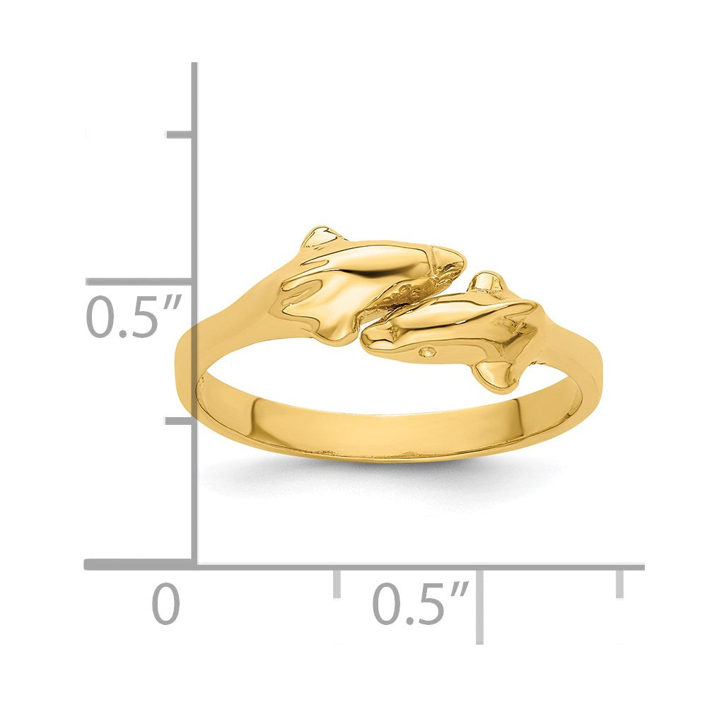 14K Gelbgold Poliert Zwei-Delfine Verstellbarer Ring