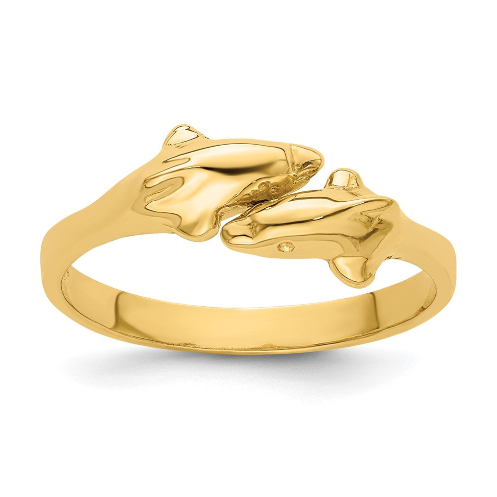 14K Gelbgold Poliert Zwei-Delfine Verstellbarer Ring
