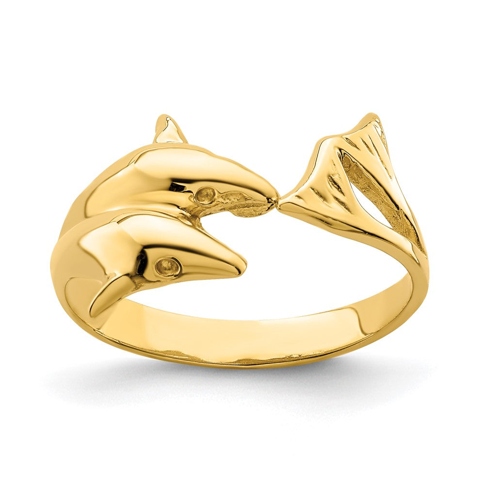 14K Gelbgold Ring mit poliertem Doppel-Delfin-Motiv