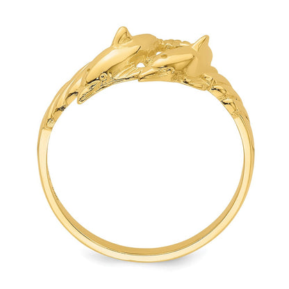 14K Gelbgold Ring mit zwei polierten Delfinen und geripptem Rand