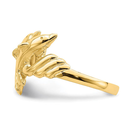 14K Gelbgold Ring mit zwei polierten Delfinen und geripptem Rand